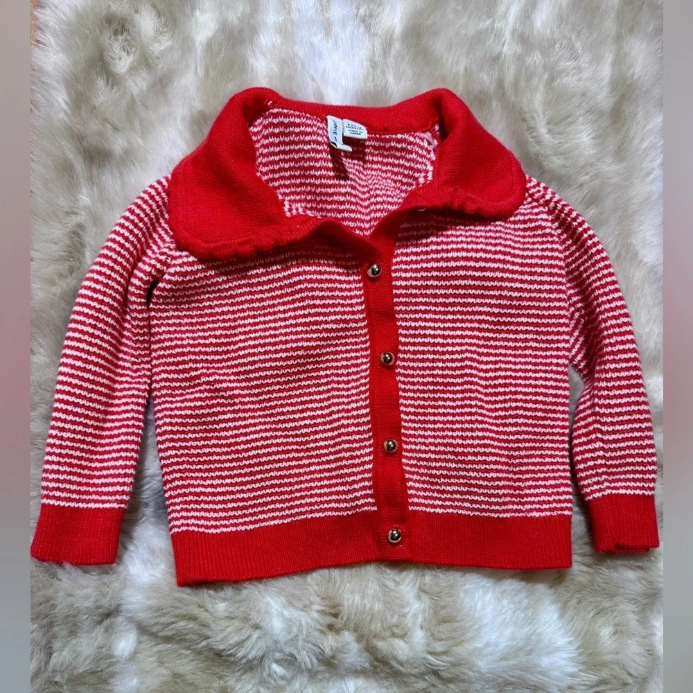 Janie and Jack Baby Girl Red & White Striped Sweater Scalloped Collar 6-12M